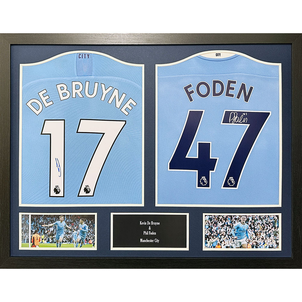 View Manchester City FC De Bruyne Foden Signed Shirts Dual Framed information