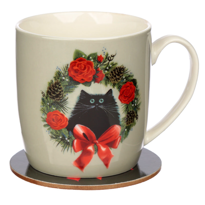 View Christmas Porcelain Mug Coaster Set Kim Haskins Christmas Wreath Cat information