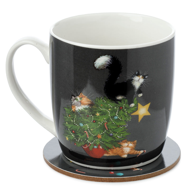 View Porcelain Mug and Coaster Gift Set Kim Haskins Christmas Tree Catastrophe Cats information