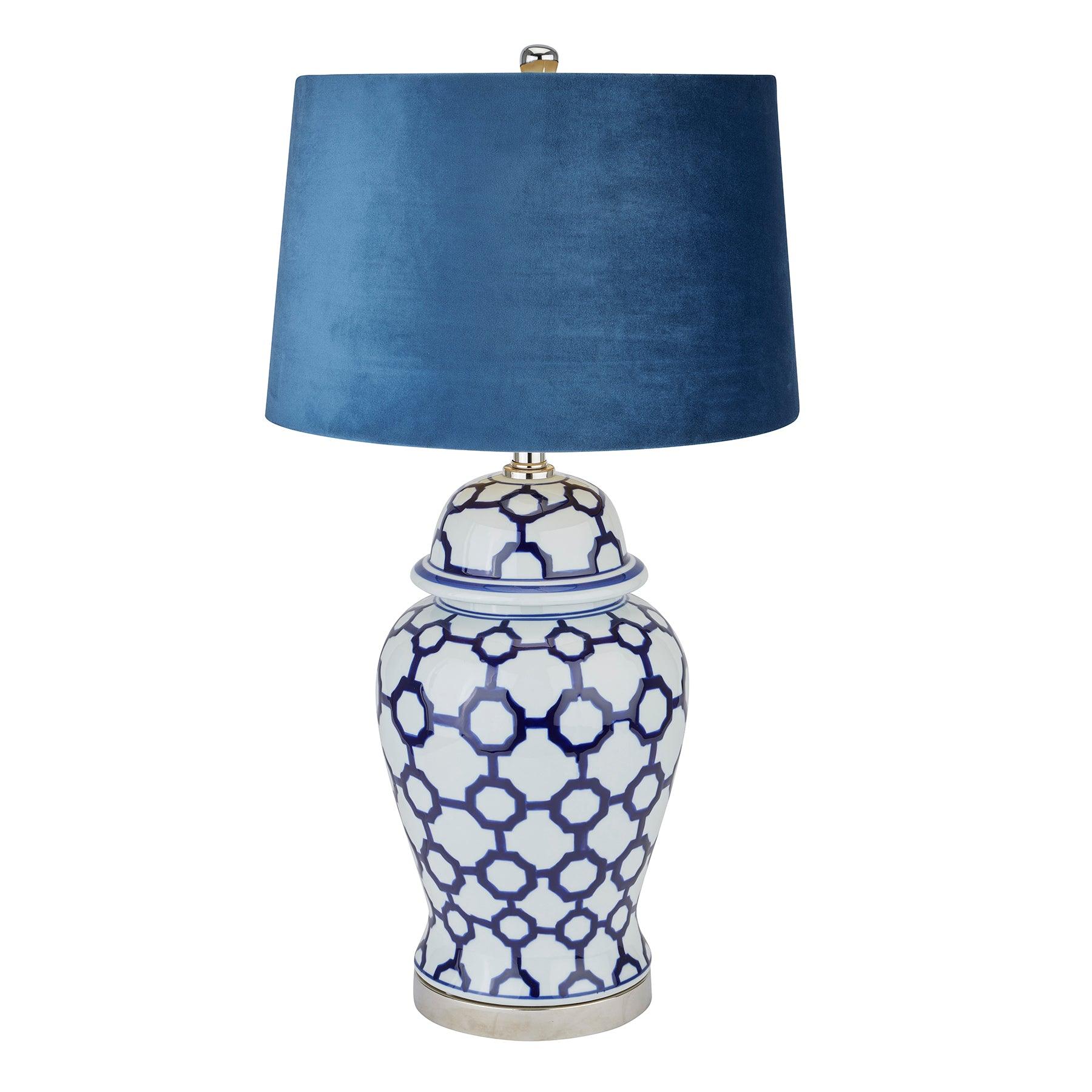 View Acanthus Blue And White Ceramic Lamp With Blue Velvet Shade information