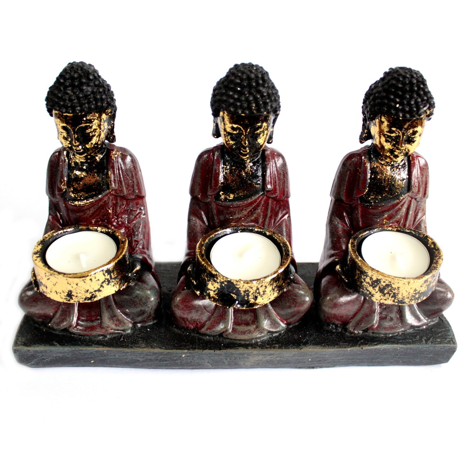 View Antique Buddha Three Devotees Candle Holder information