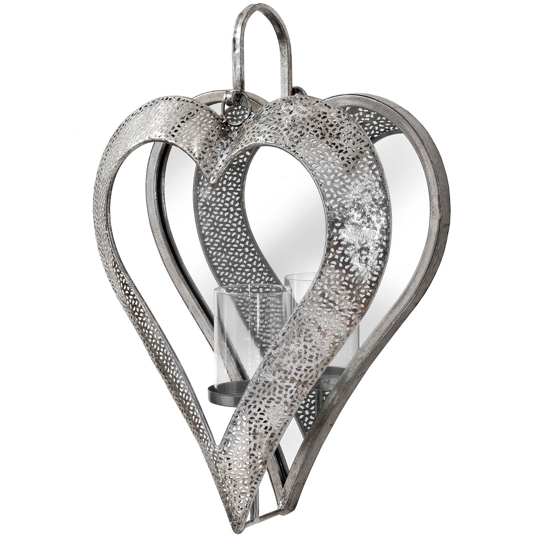 View Antique Silver Heart Mirrored Tealight Holder in Large information