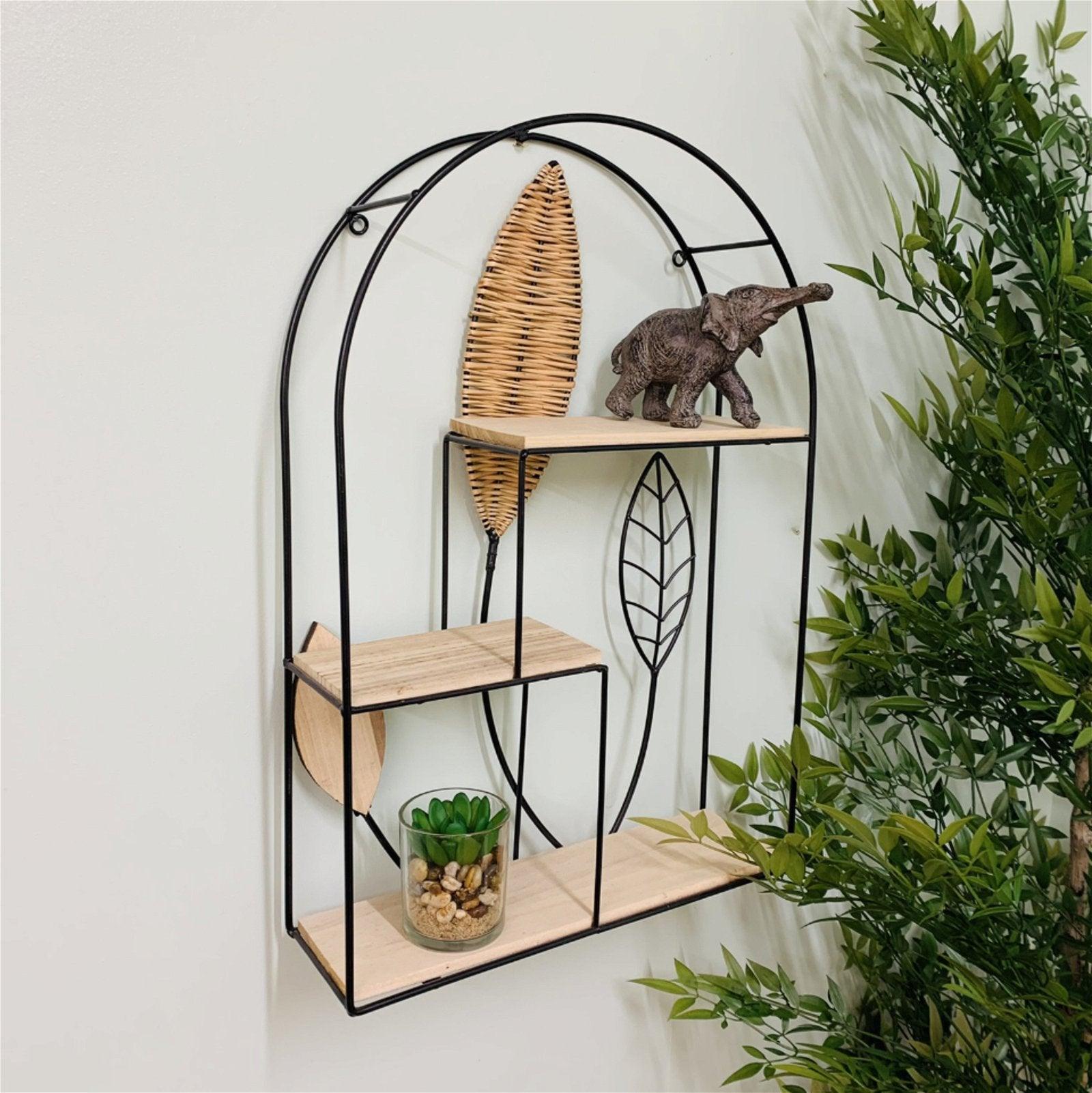 View Arched Metal Framed Rattan Leaf Shelf Unit information