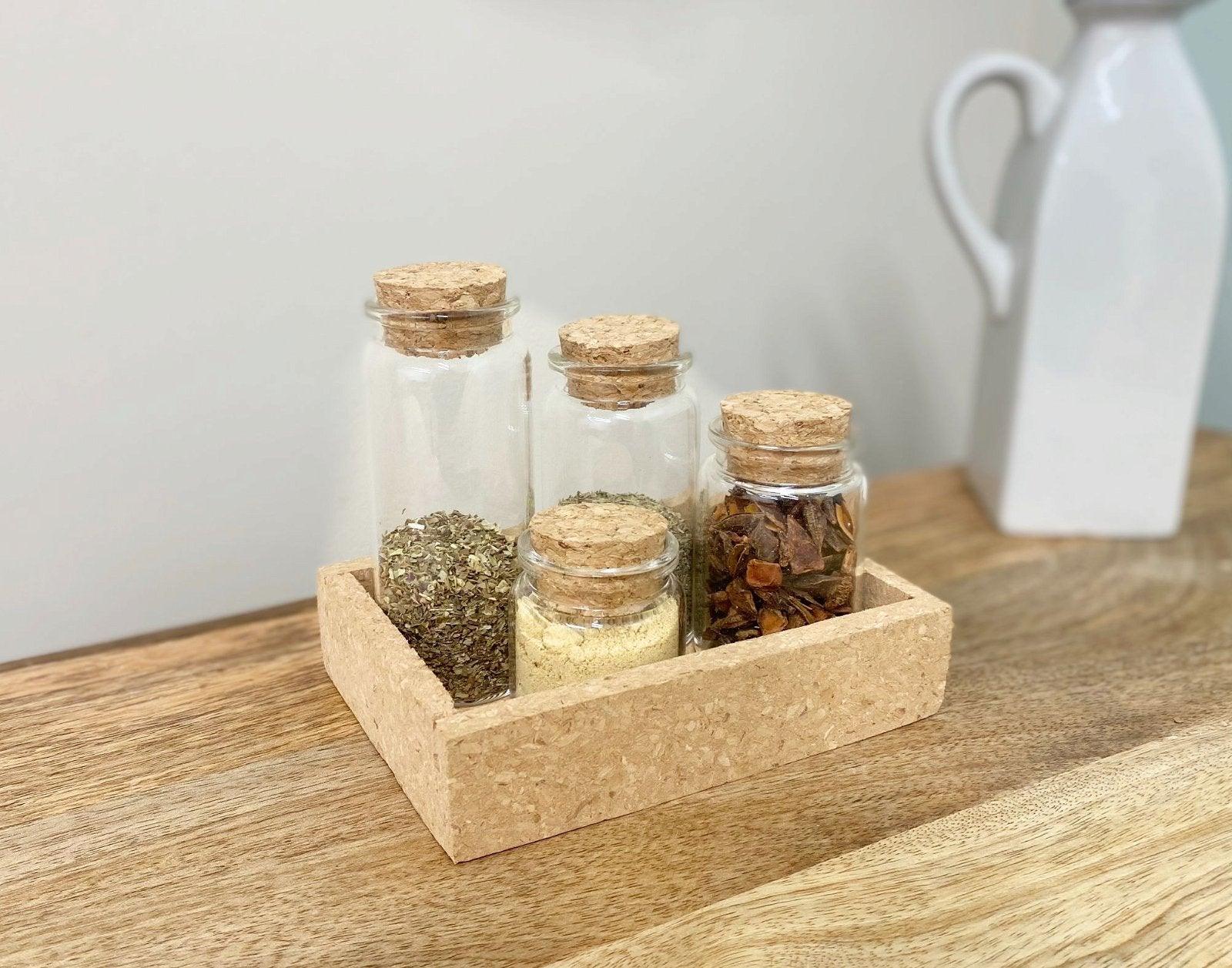 View Cork Tray With Four Glass Bottles Lids information