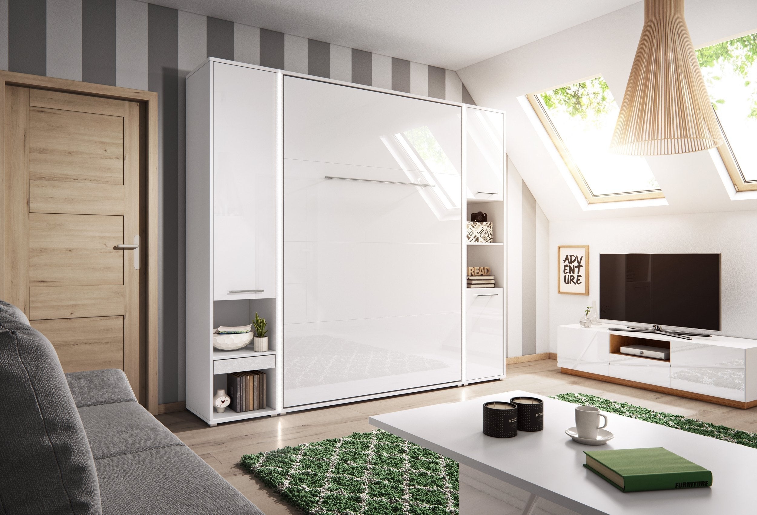View CP03 Vertical Wall Bed Murphy Bed Concept 90cm with Storage Cabinet White Gloss 90 x 200cm 194cm information