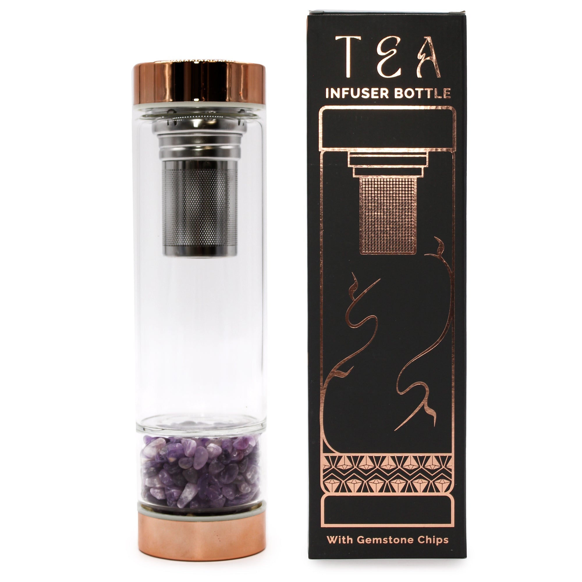 View Crystal Glass Tea Infuser Bottle Rose Gold Amethyst information