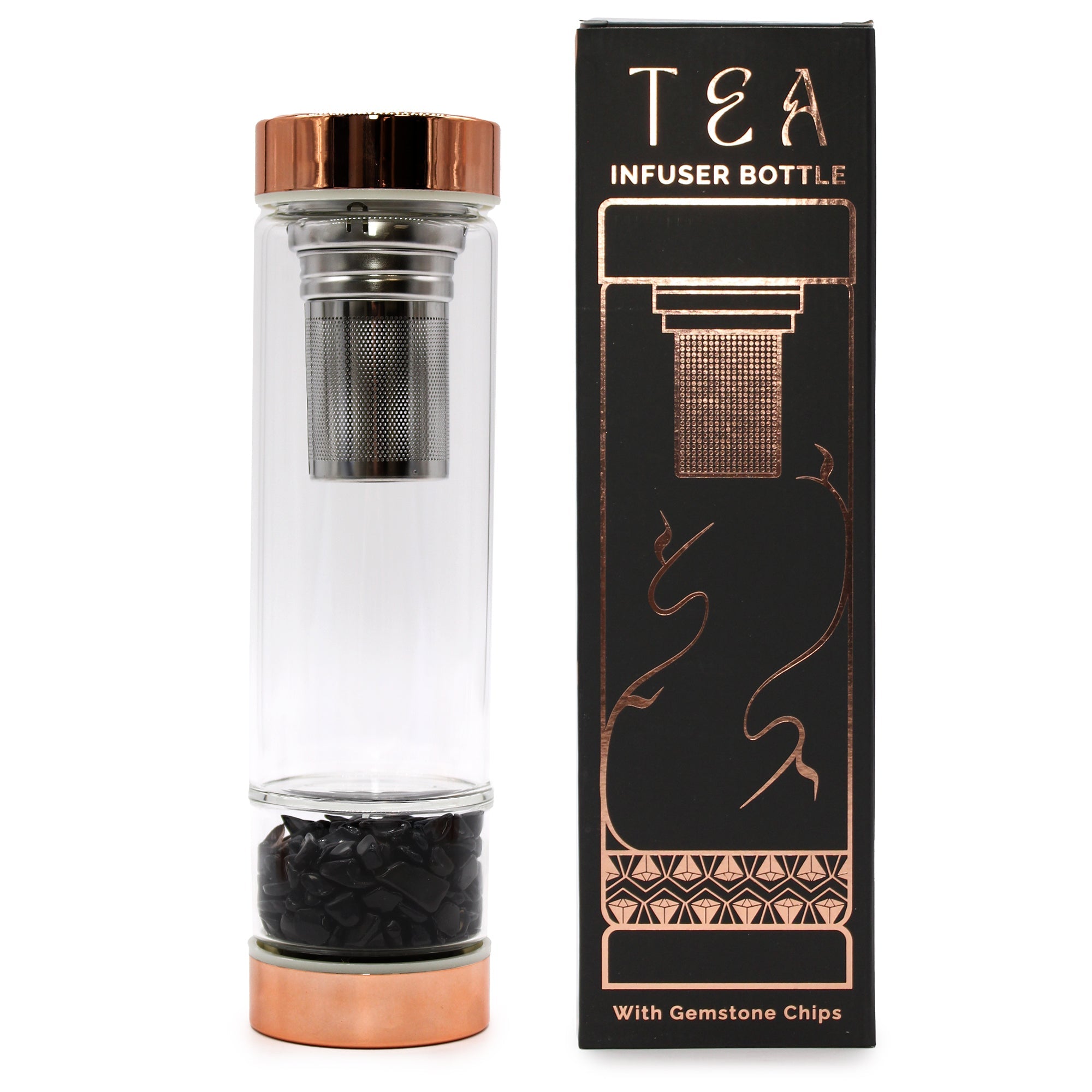 View Crystal Glass Tea Infuser Bottle Rose Gold Onyx information