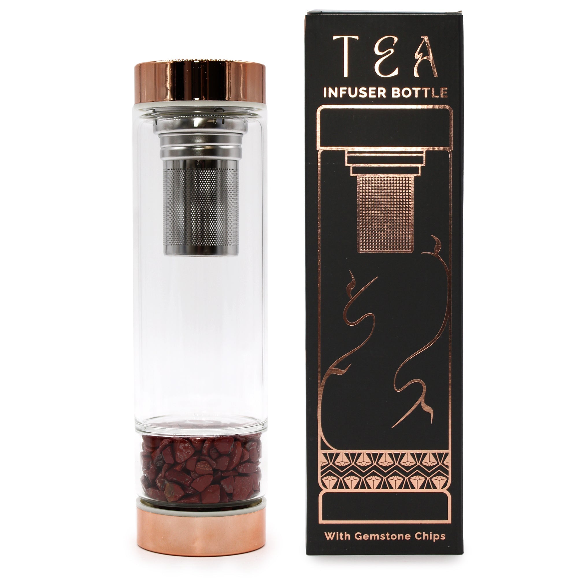 View Crystal Glass Tea Infuser Bottle Rose Gold Red Jasper information