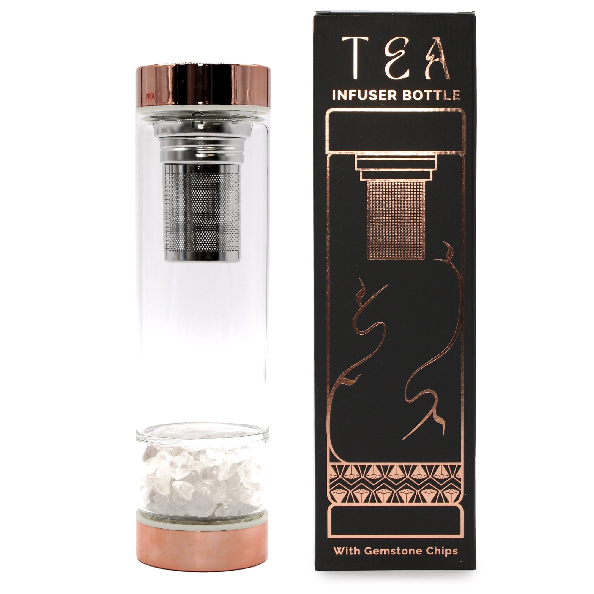 View Crystal Glass Tea Infuser Bottle Rose Gold Rock Quartz information