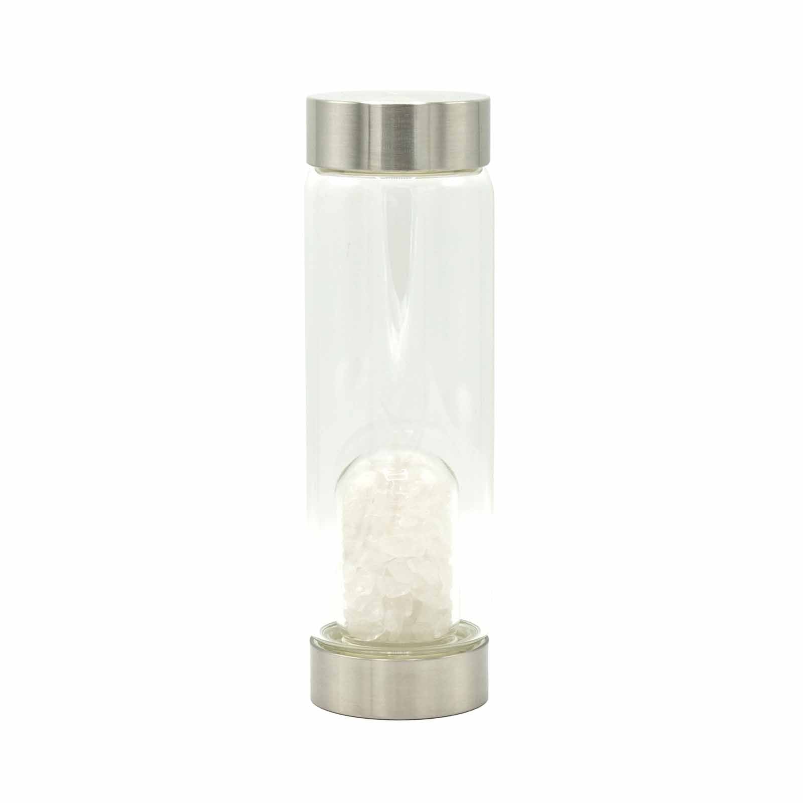 View Crystal Infused Glass Water Bottle Cleansing Clear Quartz Chips information