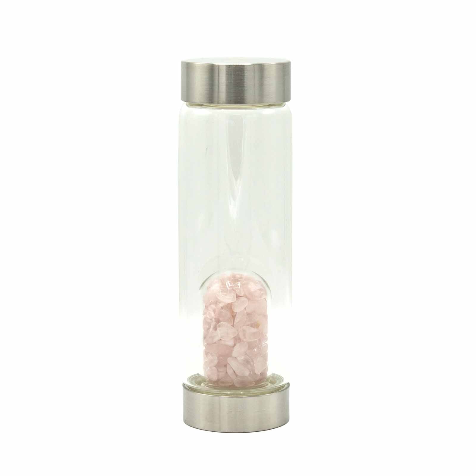 View Crystal Infused Glass Water Bottle Rejuvenating Rose Quartz Chips information