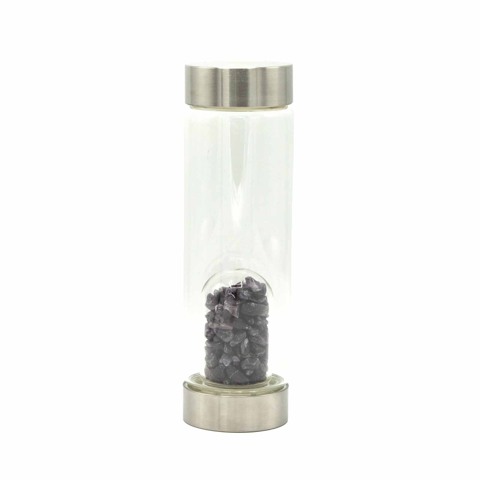 View Crystal Infused Glass Water Bottle Relaxing Amethyst Chips information