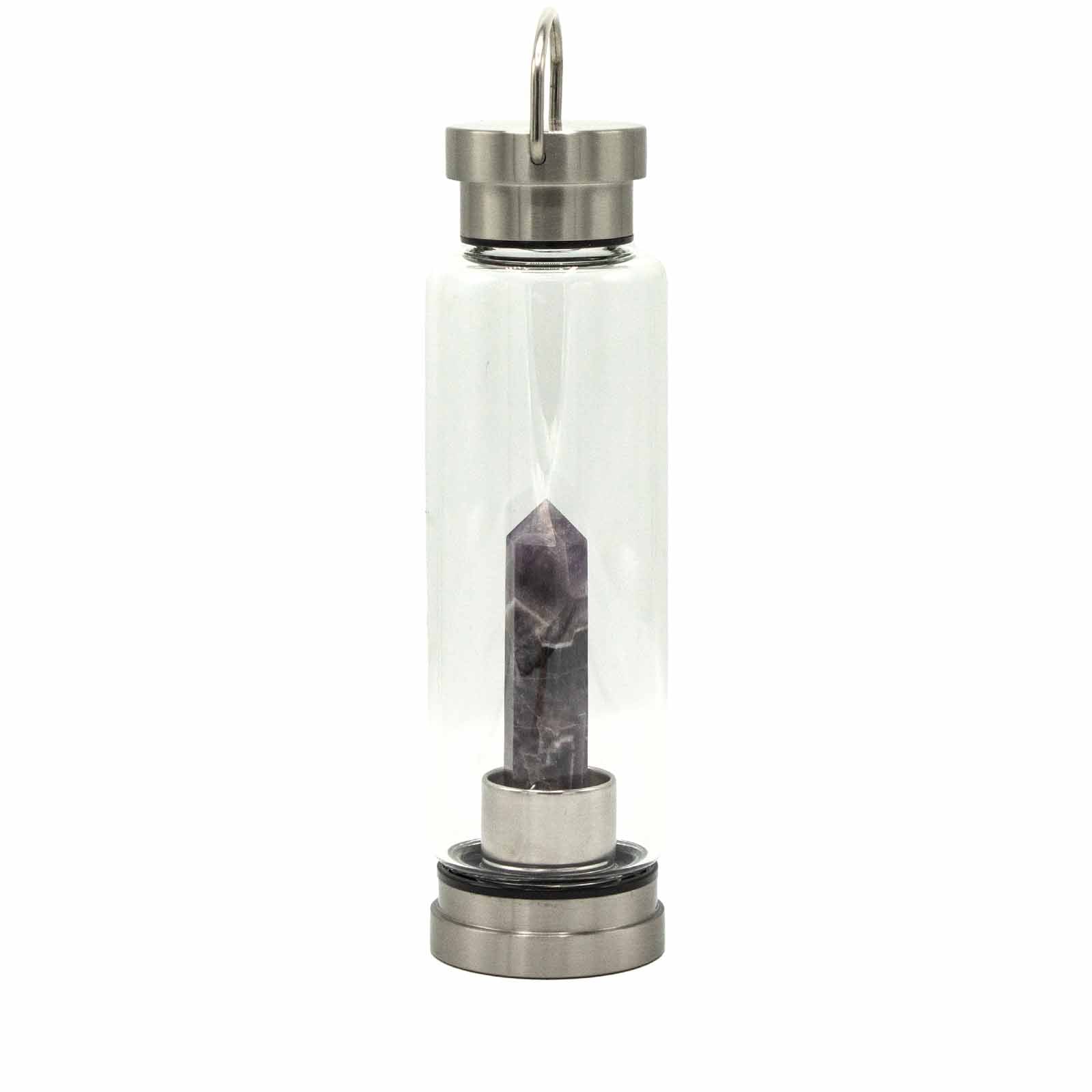 View Crystal Infused Glass Water Bottle Relaxing Amethyst Obelisk information