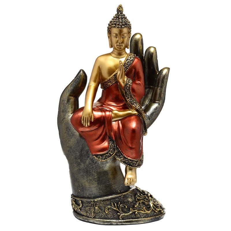 View Decorative Thai Buddha Figurine Gold and Red Sitting in a Hand information