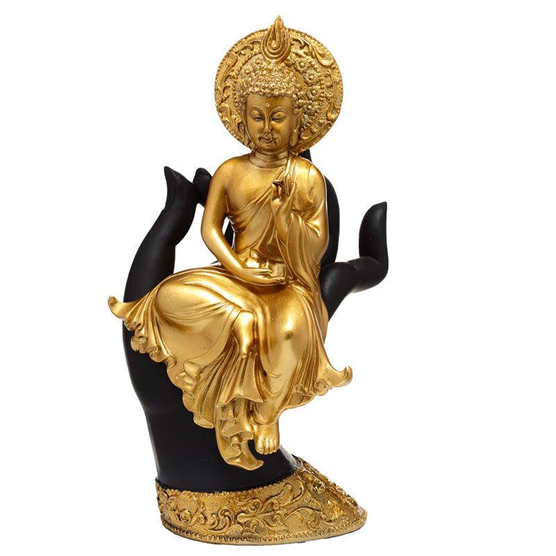 View Decorative Thai Buddha Figurine Gold Sitting in a Hand information