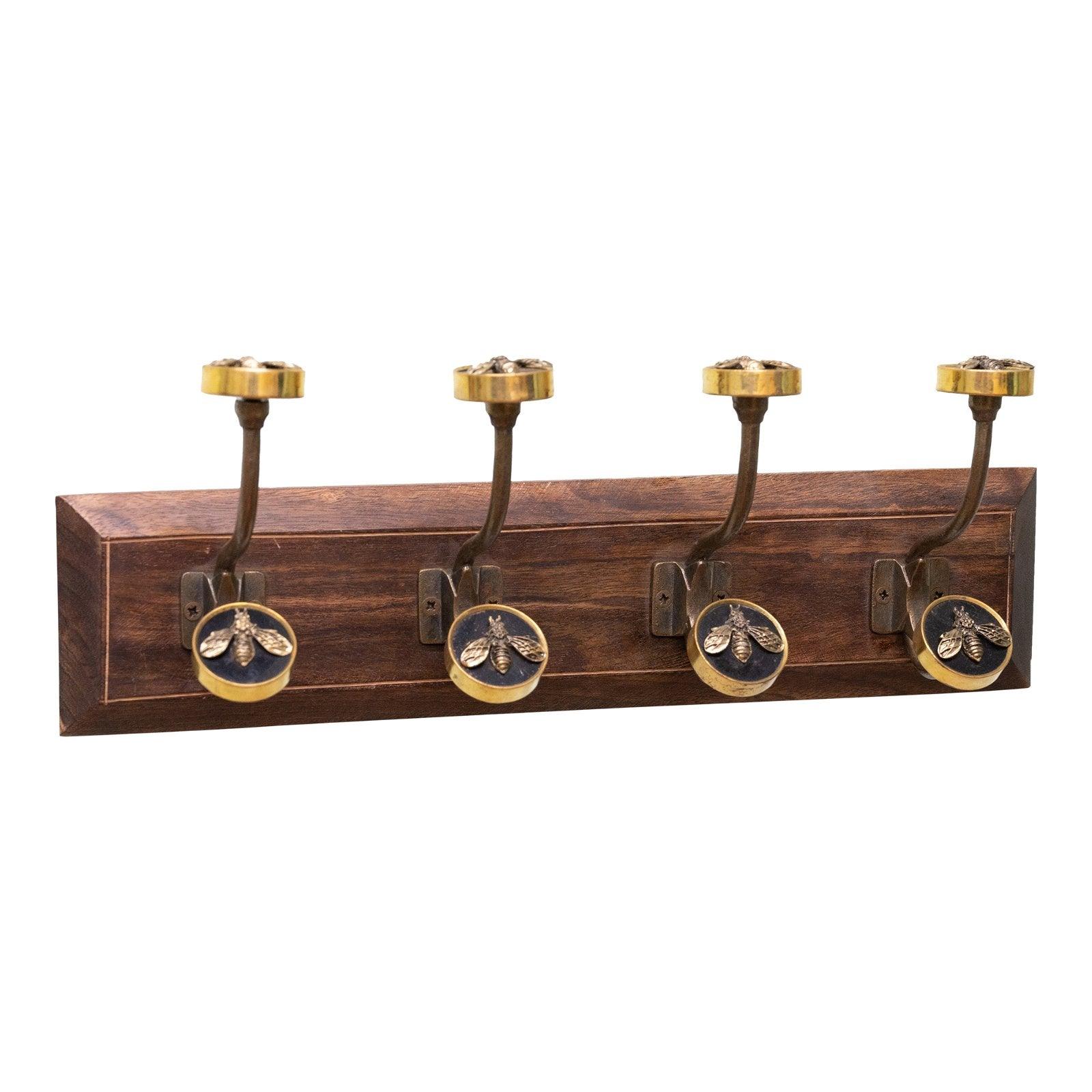 View Four Bee Design Double Hooks on Wooden Base information