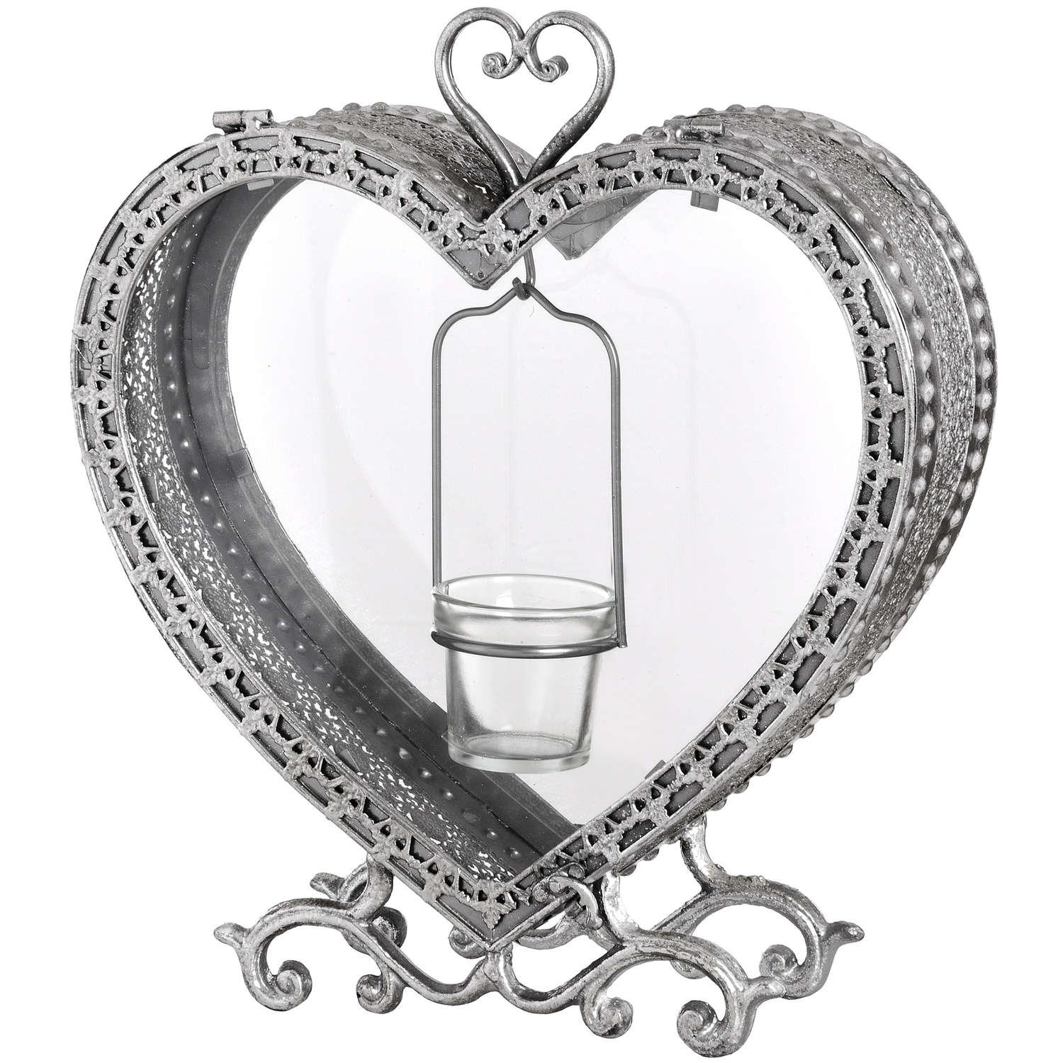 View Free Standing Heart Tealight Lantern in Antique Silver information