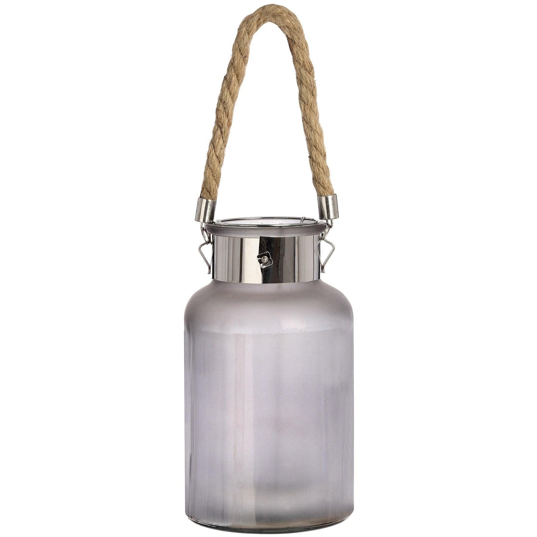 View Frosted Glass Lantern with Rope Detail and Interior LED information