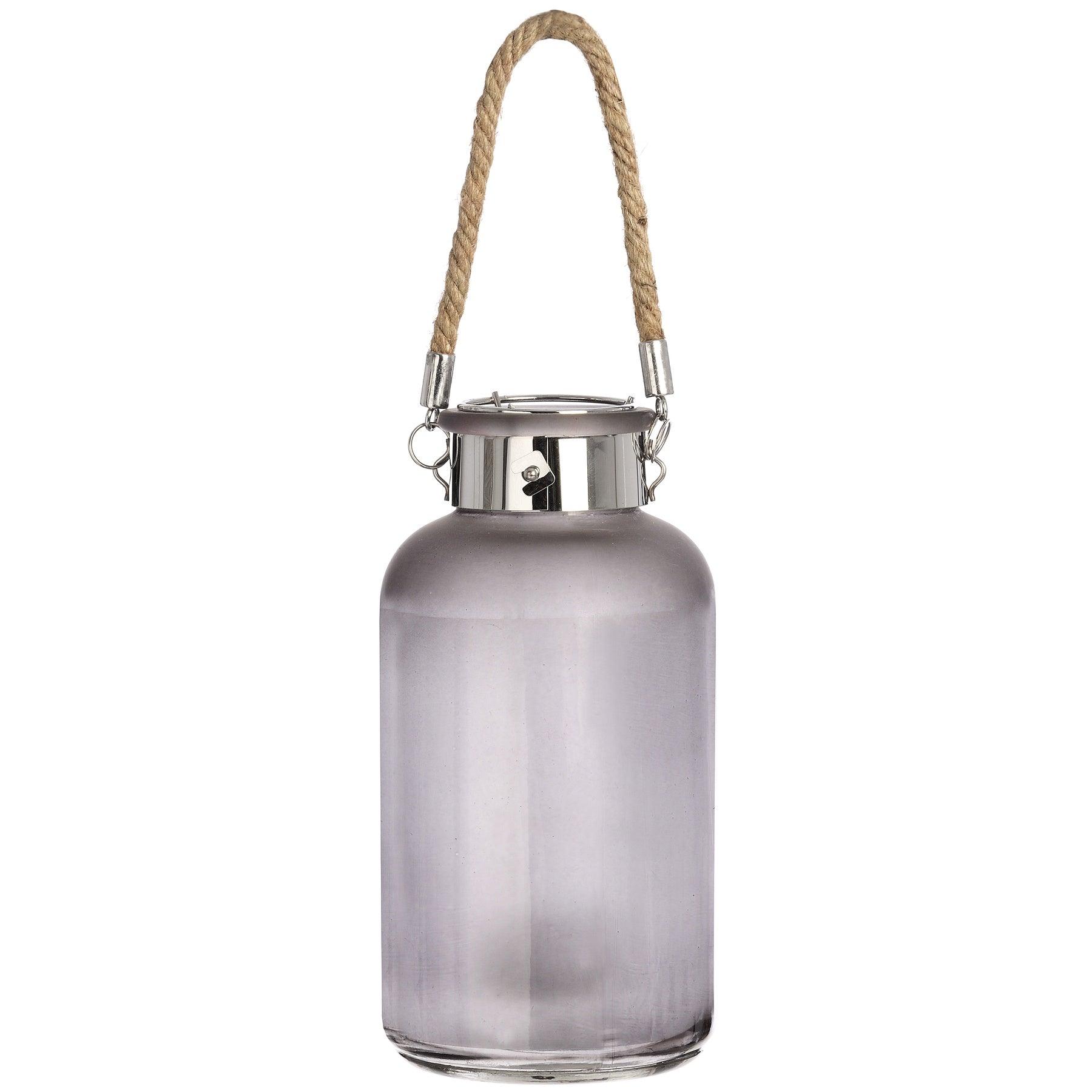 View Frosted Grey Glass Lantern with Rope Detail and LED information