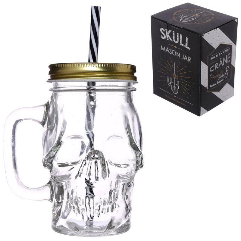 View Glass Drinking Jar with Lid Straw Skull Shaped information