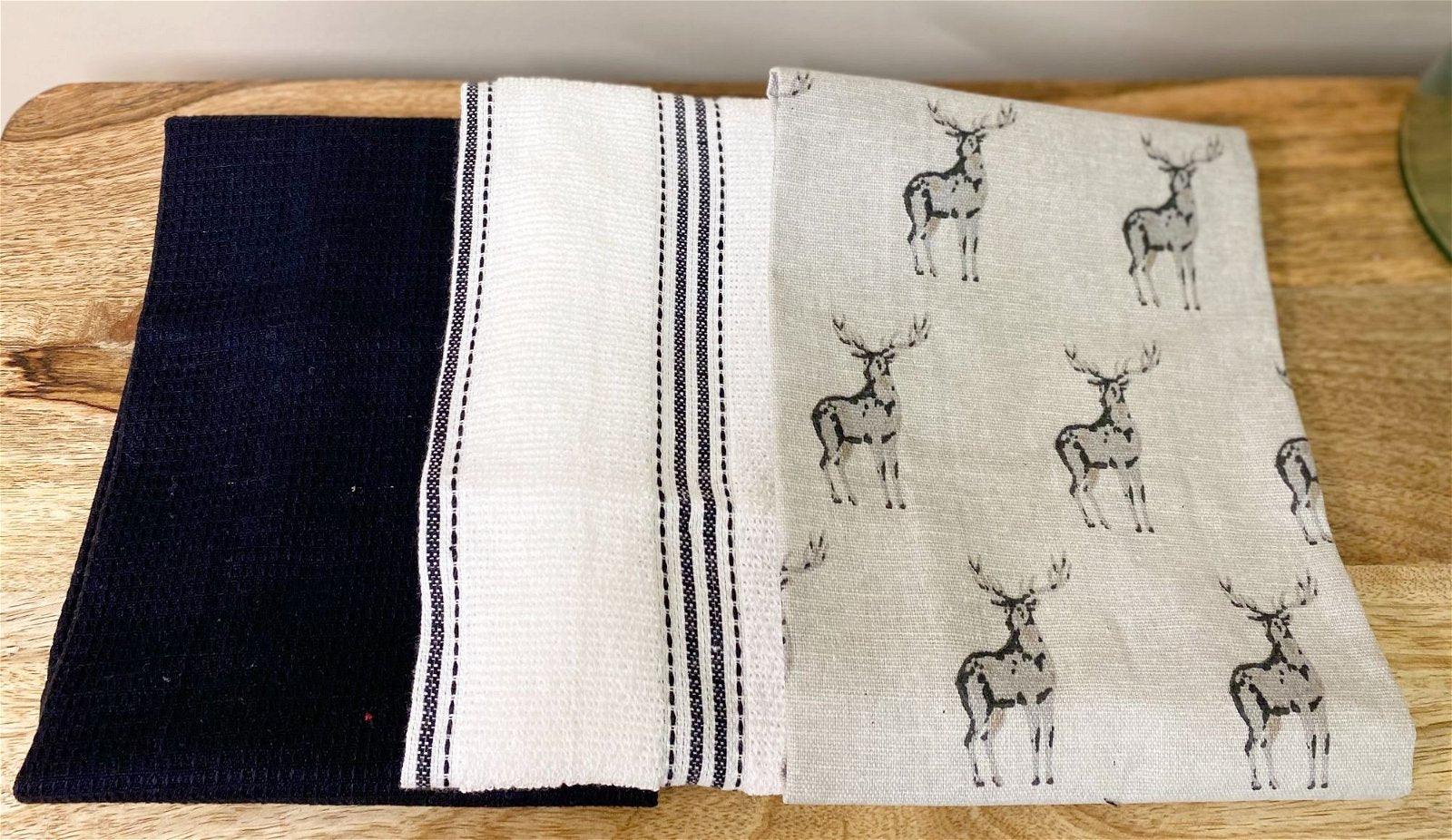 View Grey Kitchen Pack of 3 Tea Towels With A Stag Print Design information