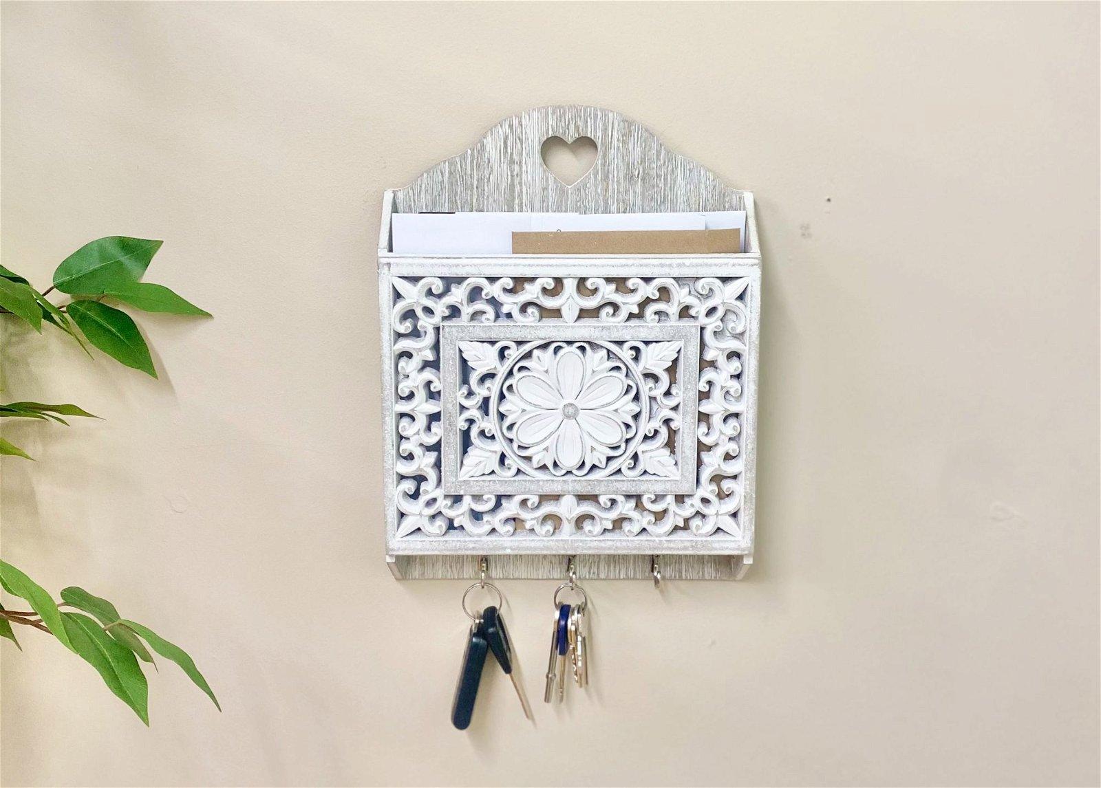 View Grey Wooden 3 Hook Key Holder With Cutout Pattern Shelf information