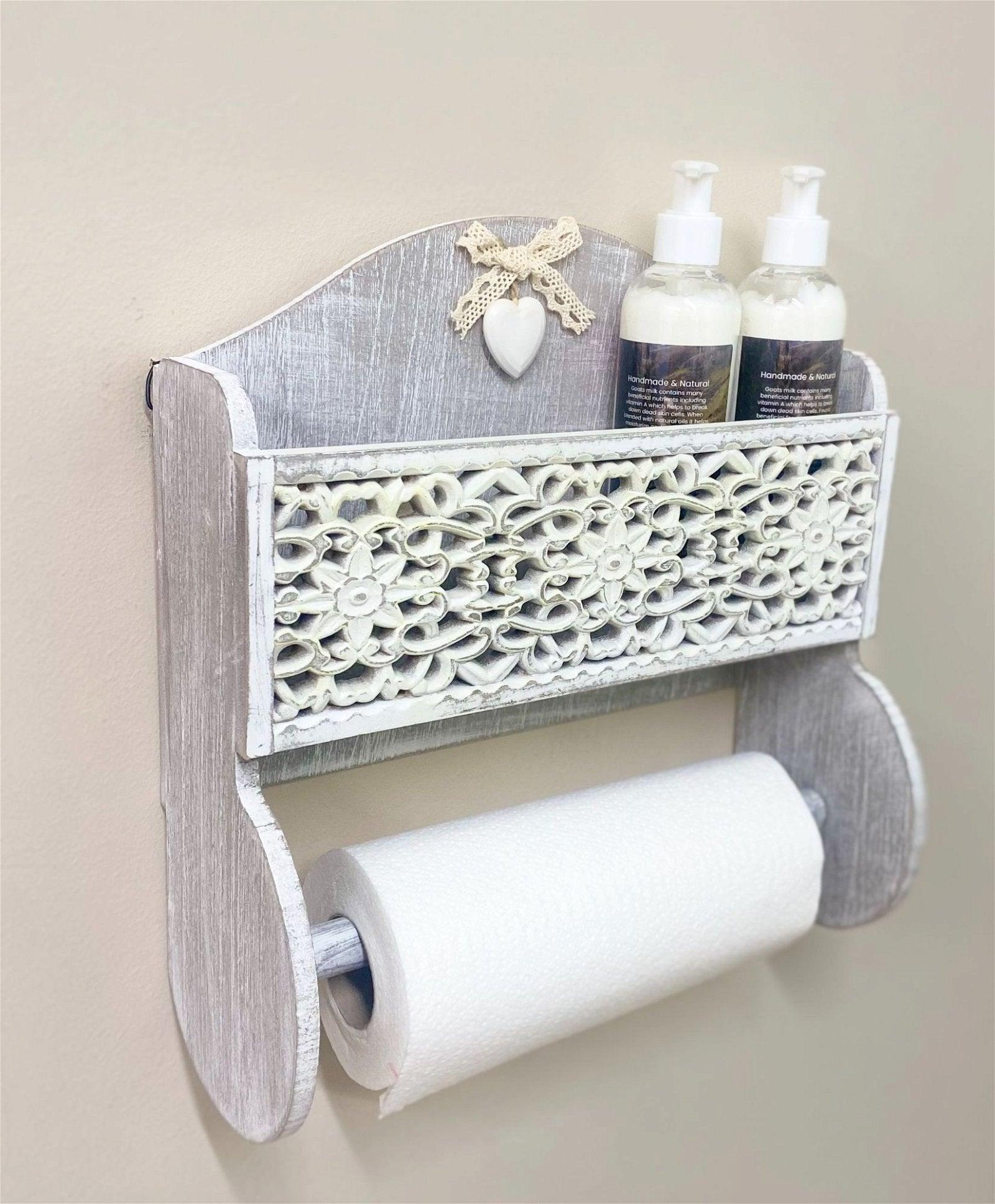 View Grey Wooden Kitchen Towel Holder With Cutout Pattern Shelf information