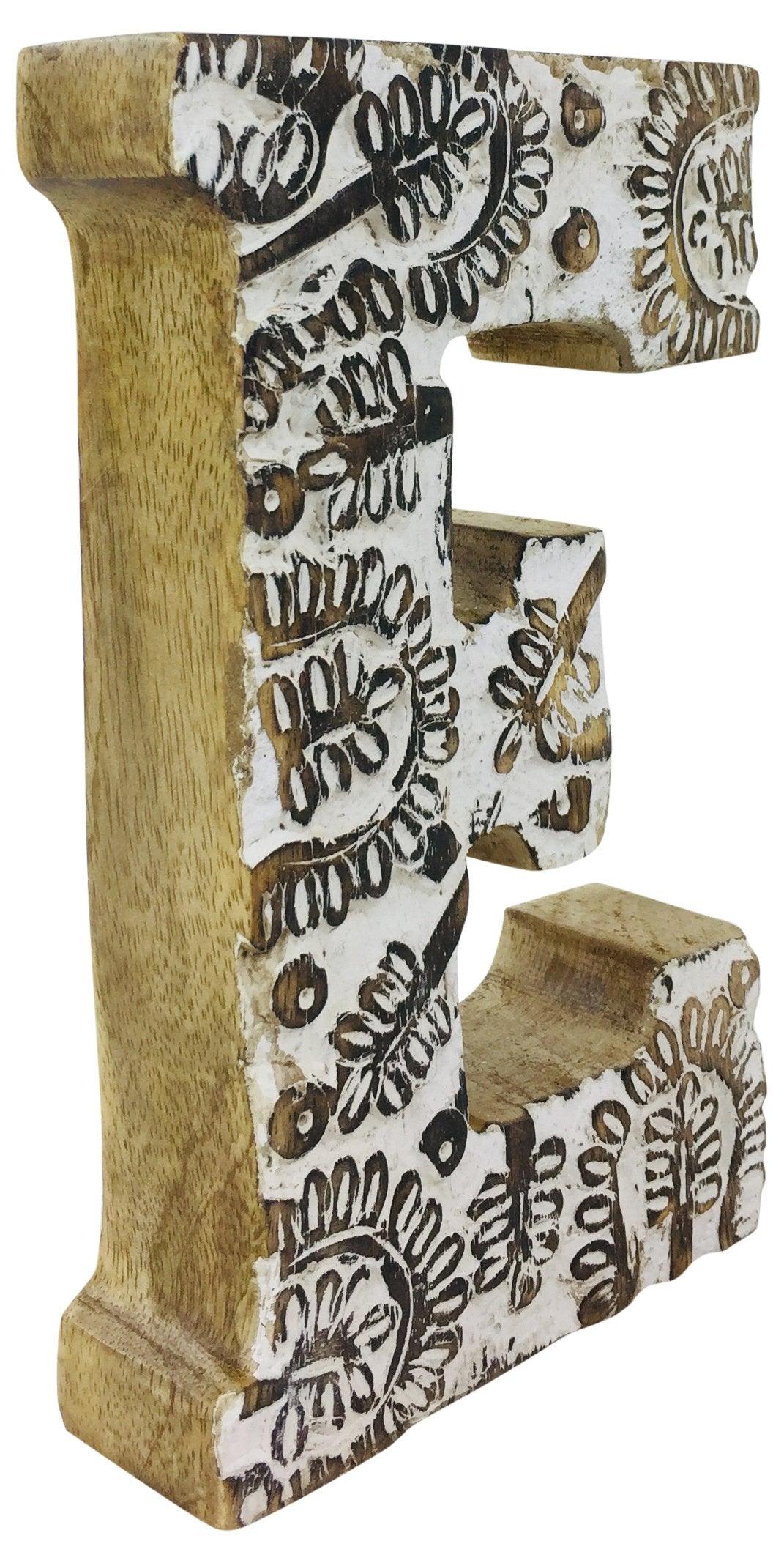 View Hand Carved Wooden White Flower Letter E information