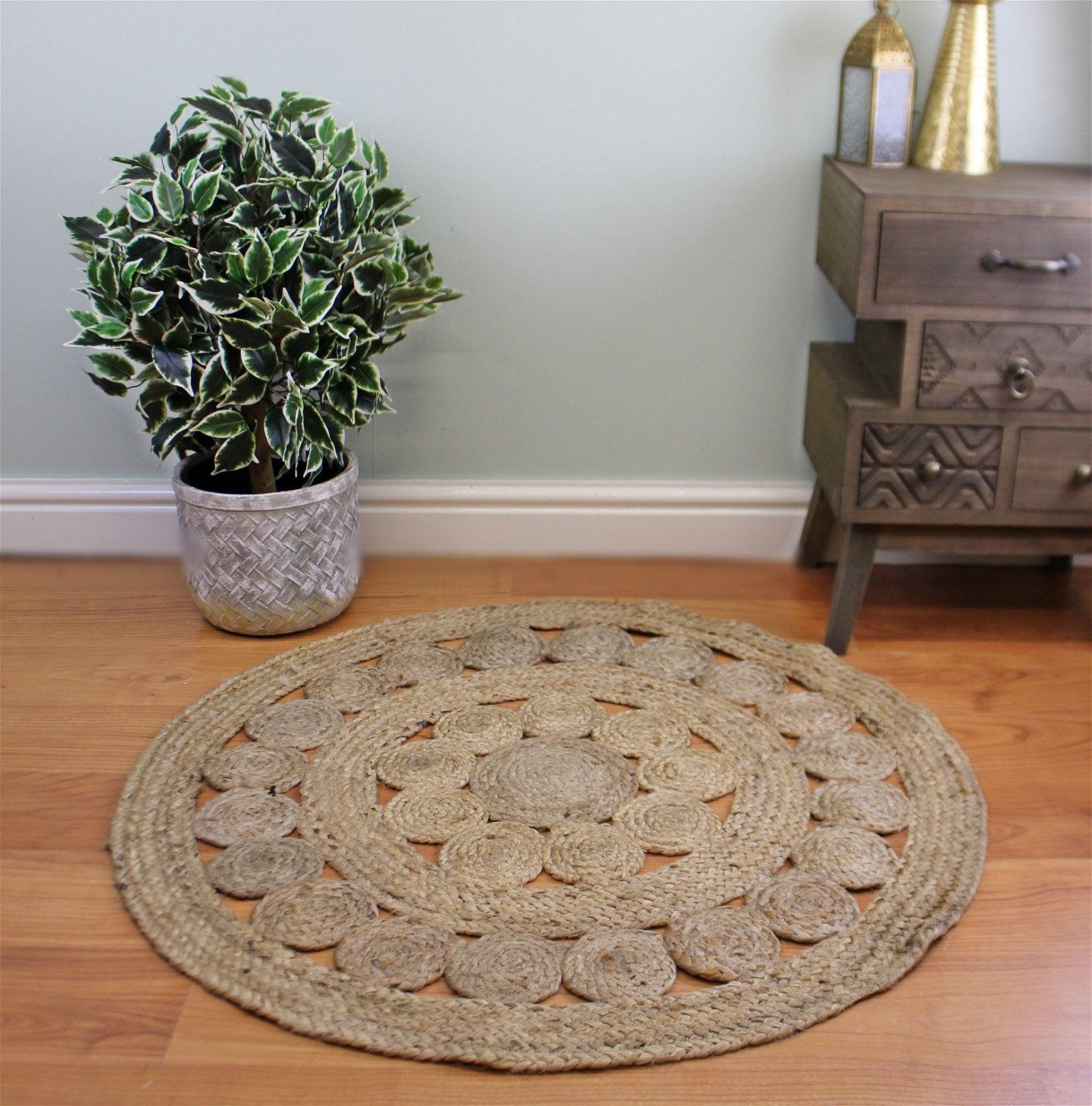 View Jute Round Woven Rug Kasbah Design 90cm information