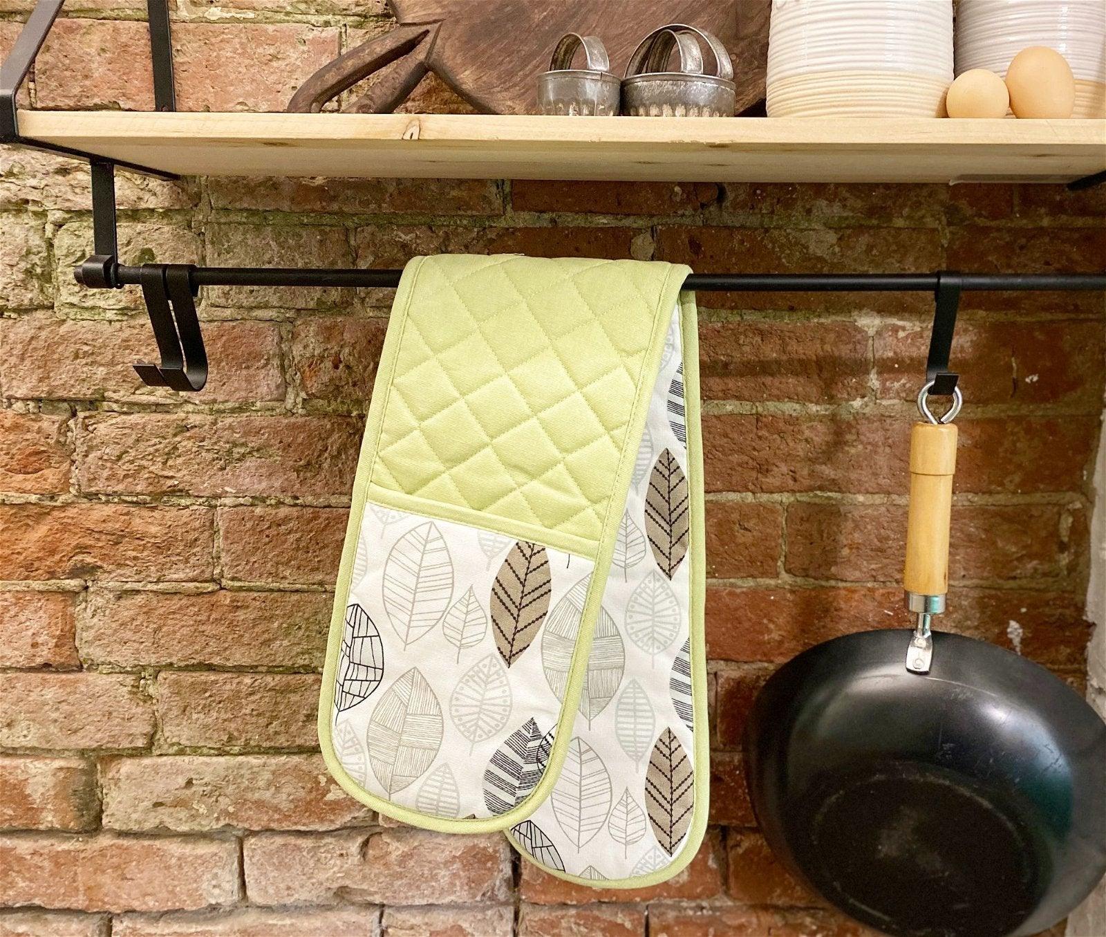View Kitchen Double Oven Glove With Contemporary Green Leaf Print Design information