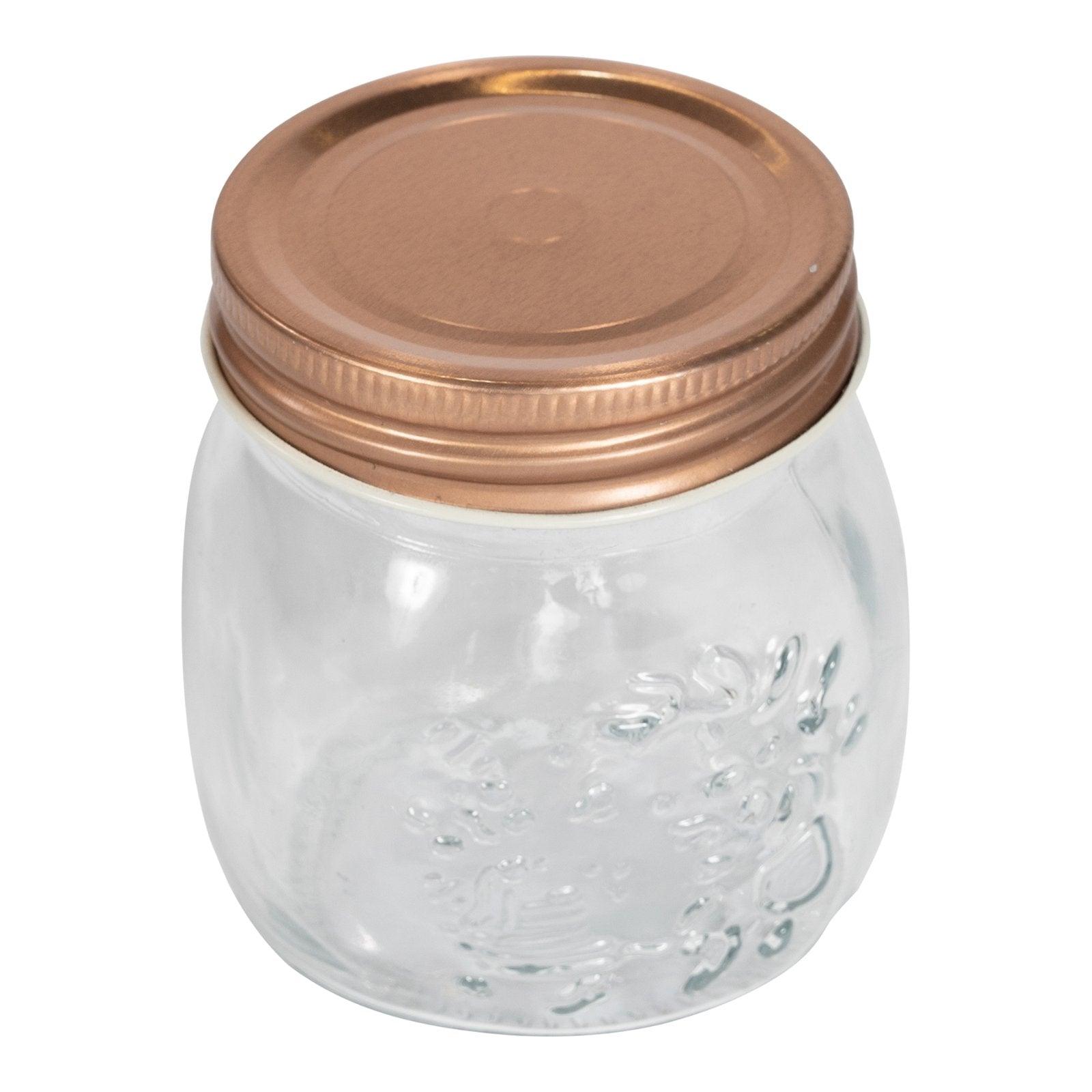 View Kitchen Glass Embossed Storage Jar With Copper Screw Lid Small information