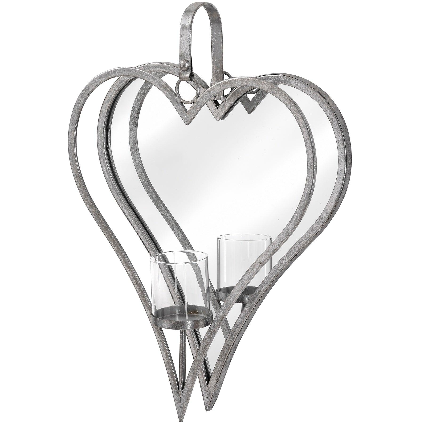 View Large Antique Silver Mirrored Heart Candle Holder information