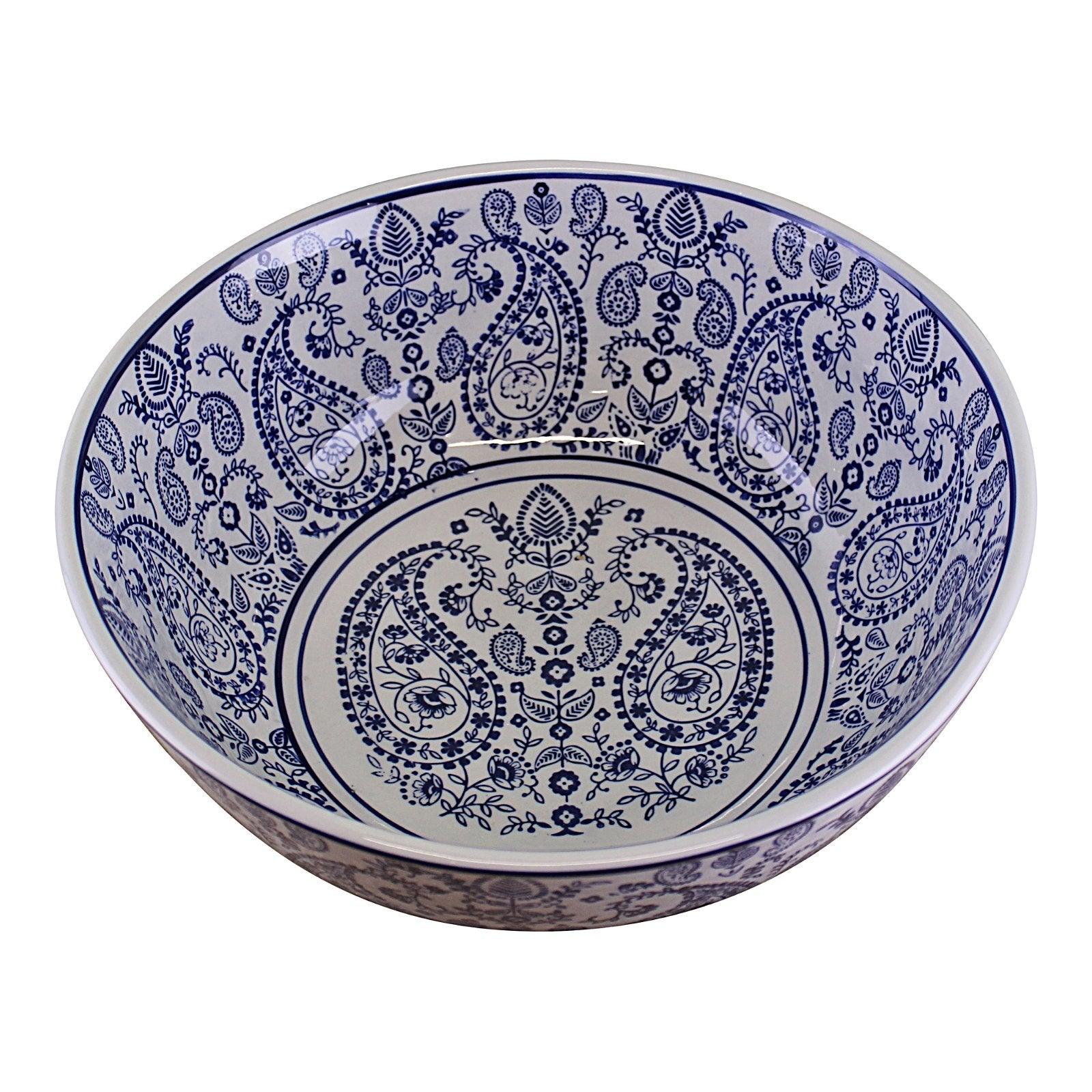 View Large Ceramic Bowl Vintage Blue White Paisley Design information