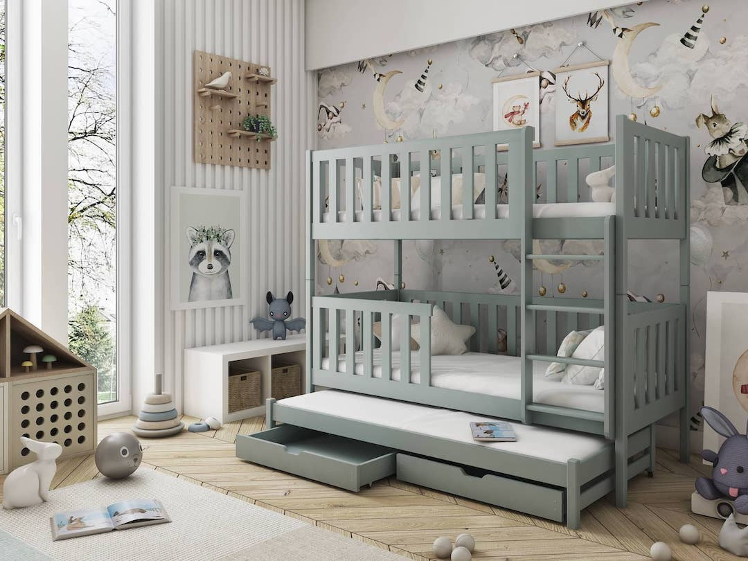 View Lea Bunk Bed with Trundle and Storage Grey Foam Mattresses information