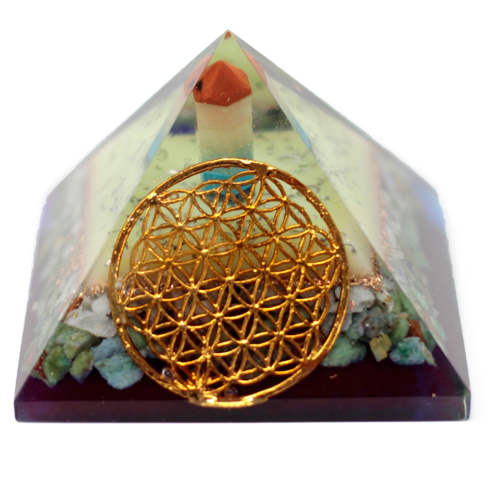 View Lrg Organite Pyramid 80mm Flower of life symbol information