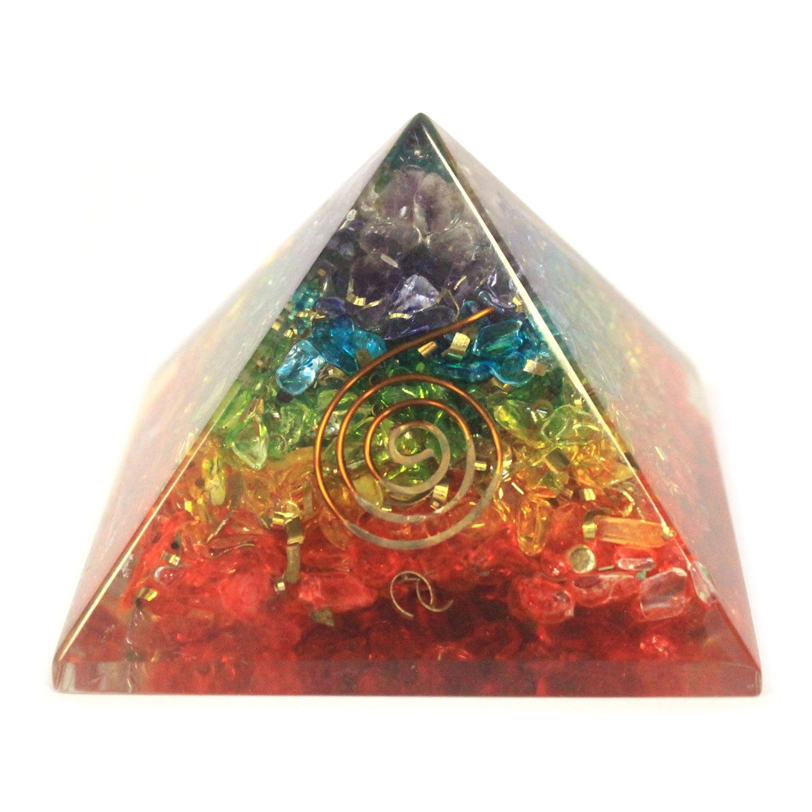 View Lrg Orgonite Pyramid 70mm Chakra Gemchips information