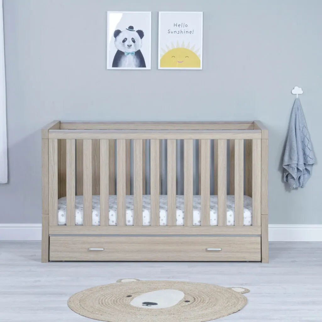View Babymore Luno Cot Bed with Drawer Oak information