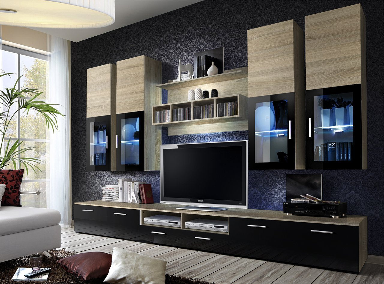 View Lyra Entertainment Unit in 4 Colours Black Gloss and Oak Sonoma 300cm information