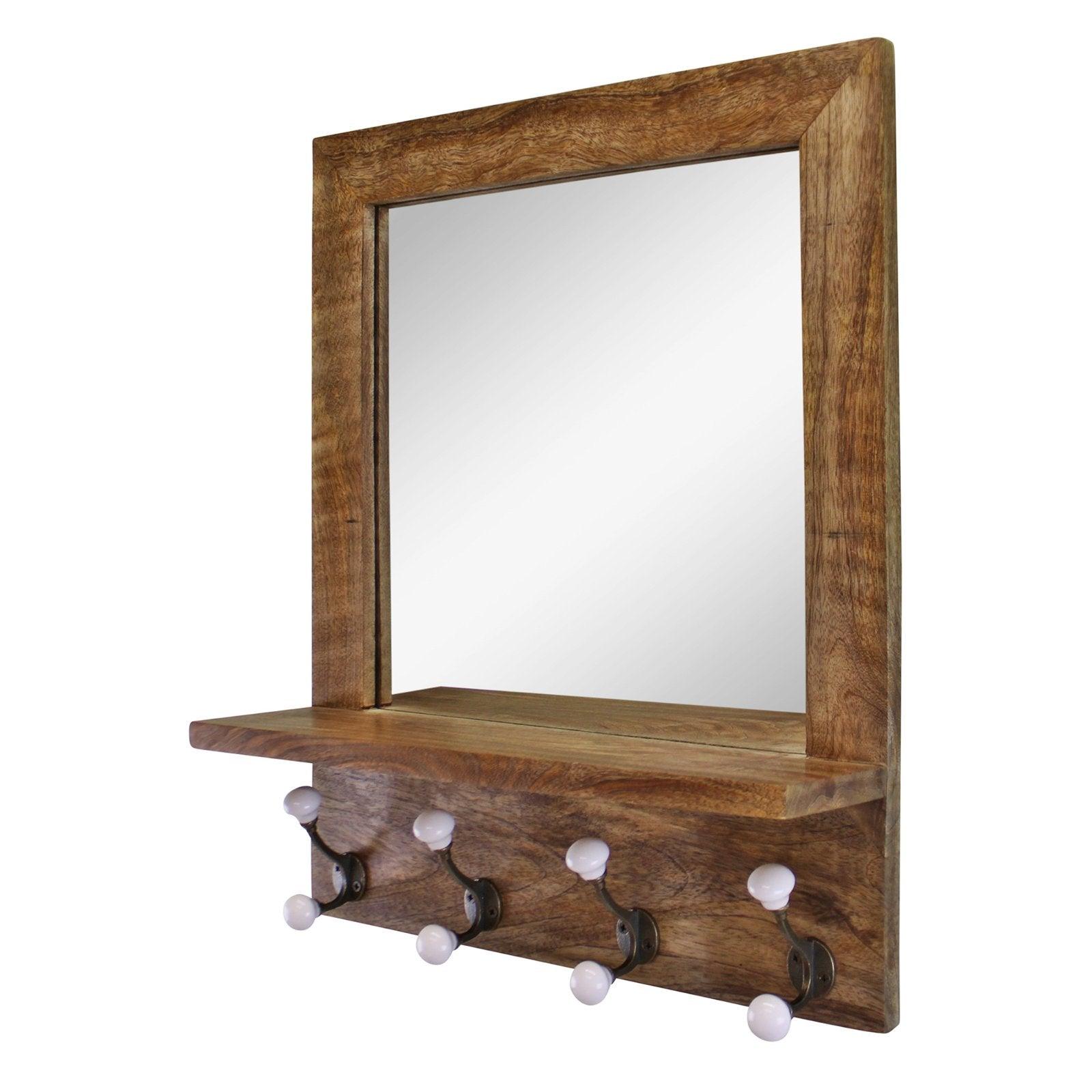 View Mango Wood Shelf Unit With Mirror 4 Double Coat Hooks information