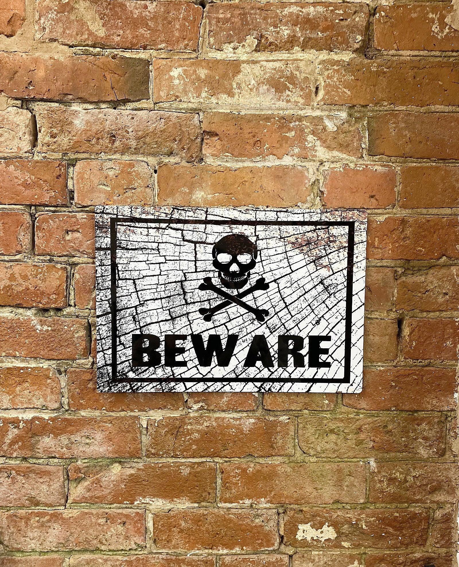 View Metal Sign Plaque Skull Beware information