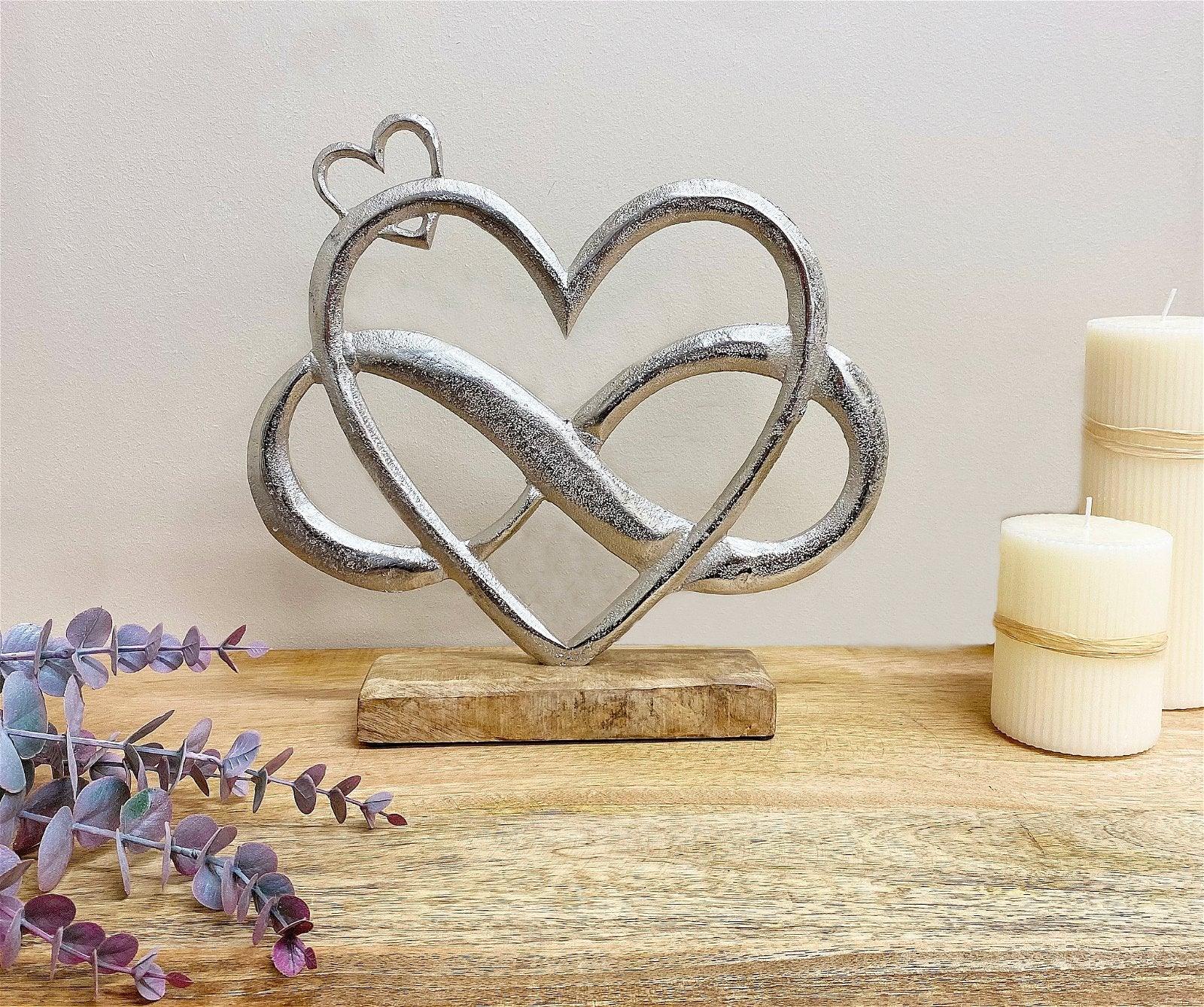 View Metal Silver Entwined Hearts On A Wooden Base Large information