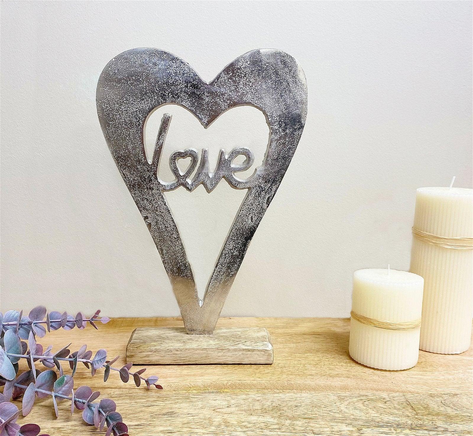 View Metal Silver Heart Love On A Wooden Base Large information