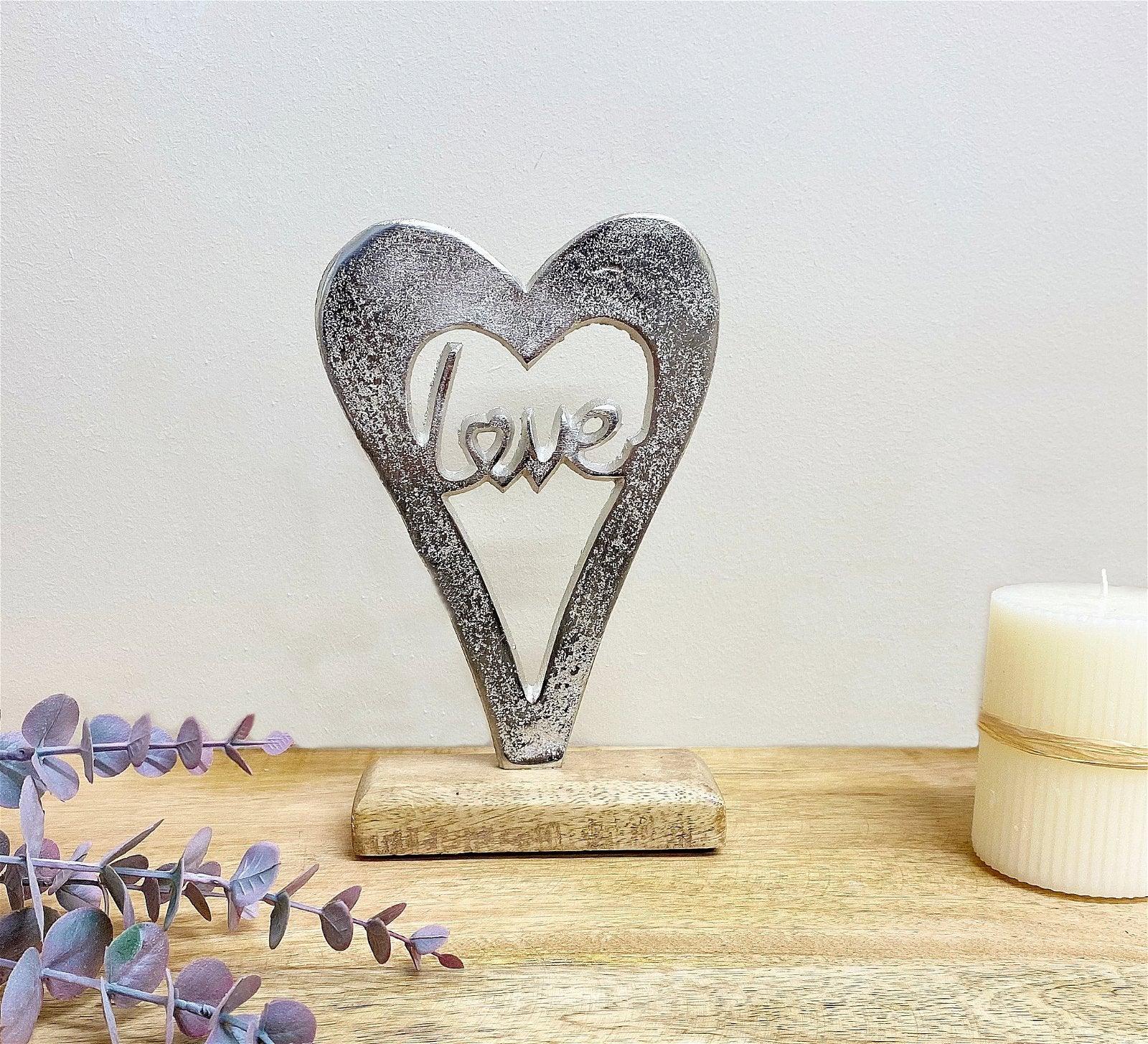 View Metal Silver Heart Love On A Wooden Base Small information