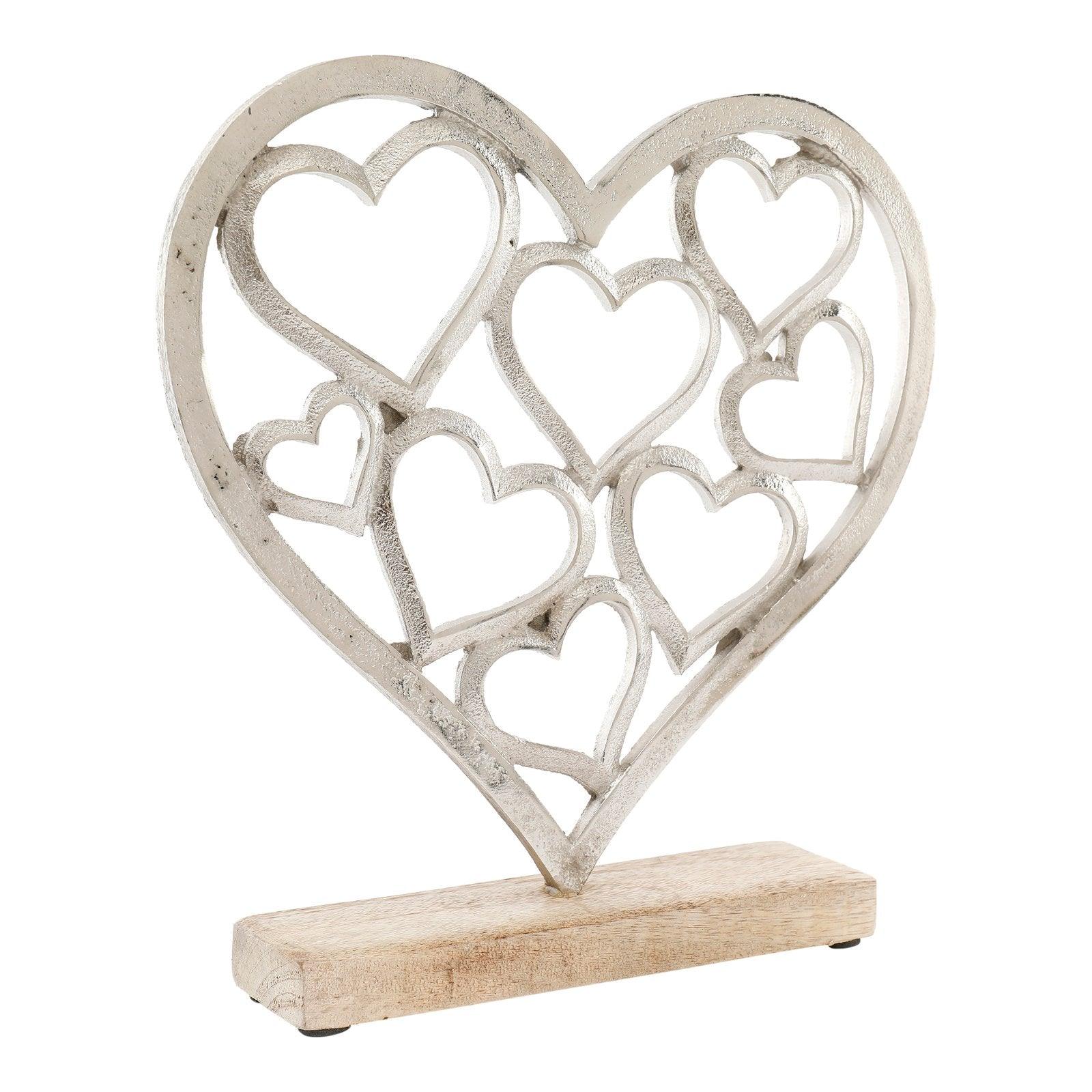 View Metal Silver Hearts On A Wooden Base Large information