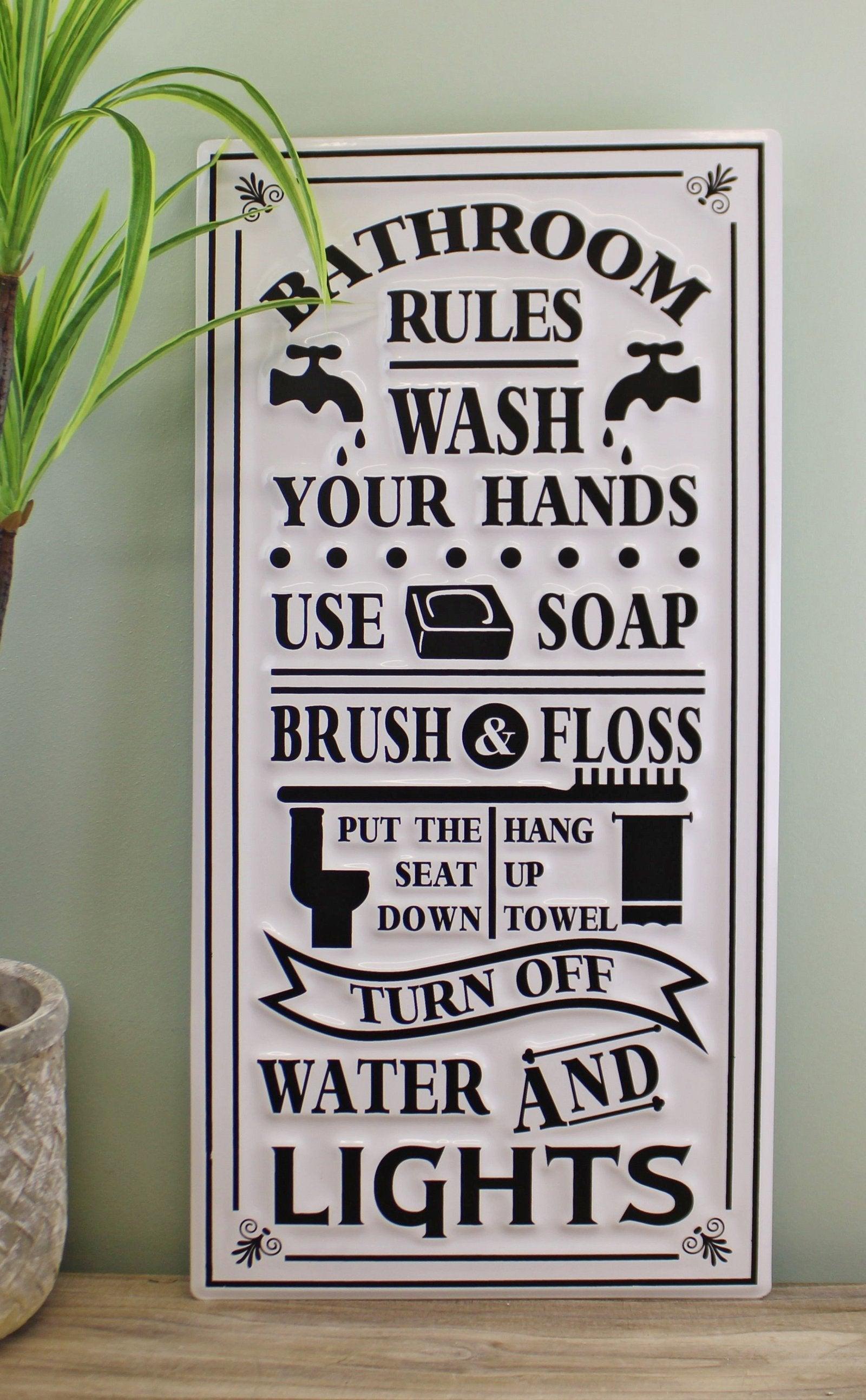 View Metal Wall Hanging Bathroom Rules Plaque 60x30cm information