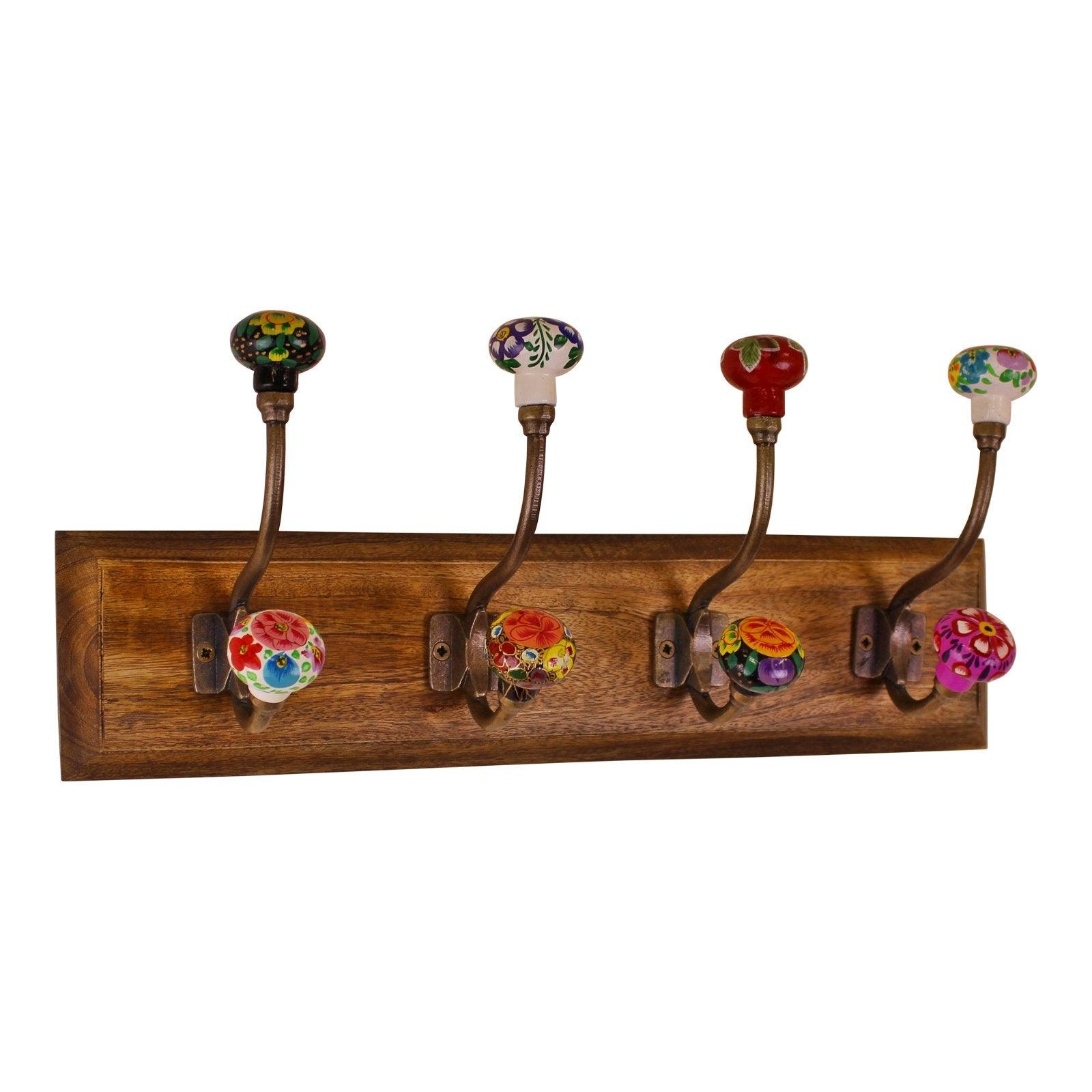 View Mexican Floral Ceramic Hooks on Wooden Base information