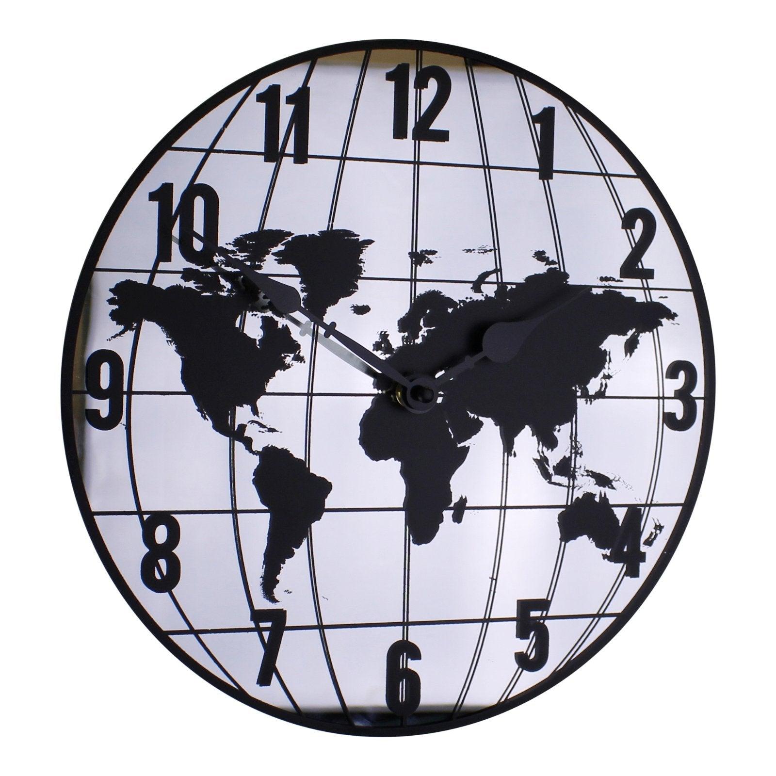 View Mirrored Clock Featuring Map Of The World Design 30cm information