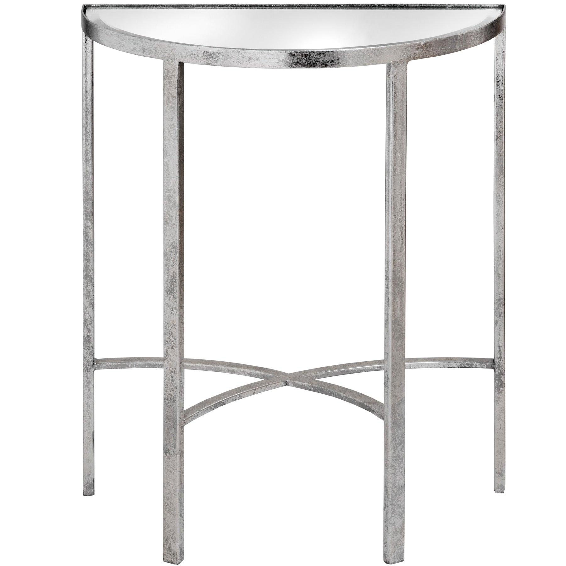 View Mirrored Silver Half Moon Table With Cross Detail information