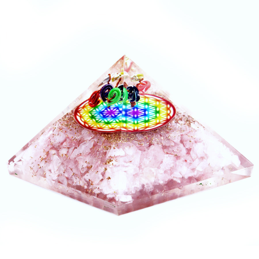 View Orgonite Pyramid Rose Quartz Rainbow Flower of Life 70 mm information