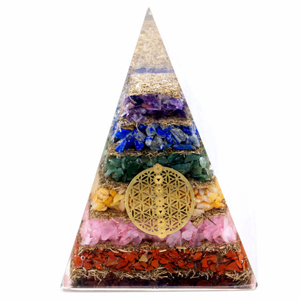 View Orgonite Pyramid Seven Chakra Flower of Life 70 mm information